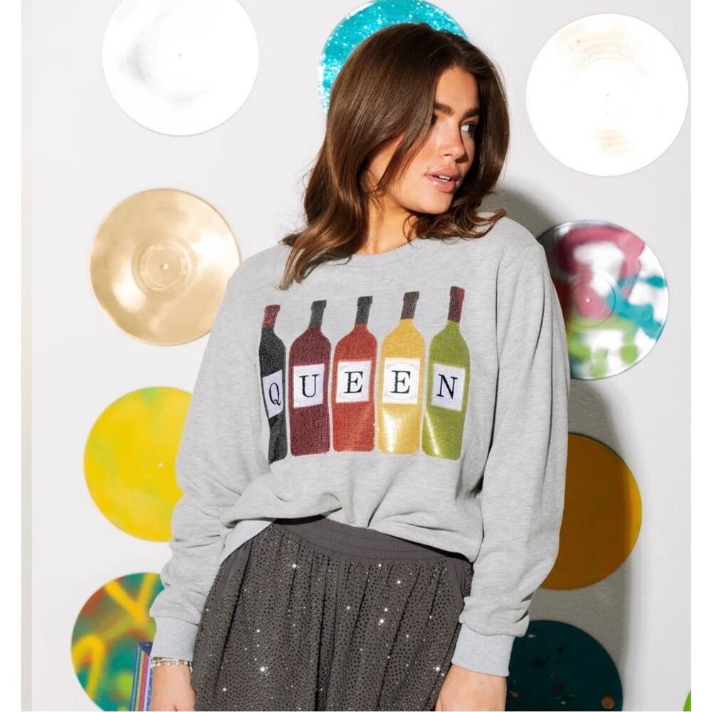 Queen of Sparkle Sequin Wine Bottles Grey Sweatshirt Small Cozy Statement Piece